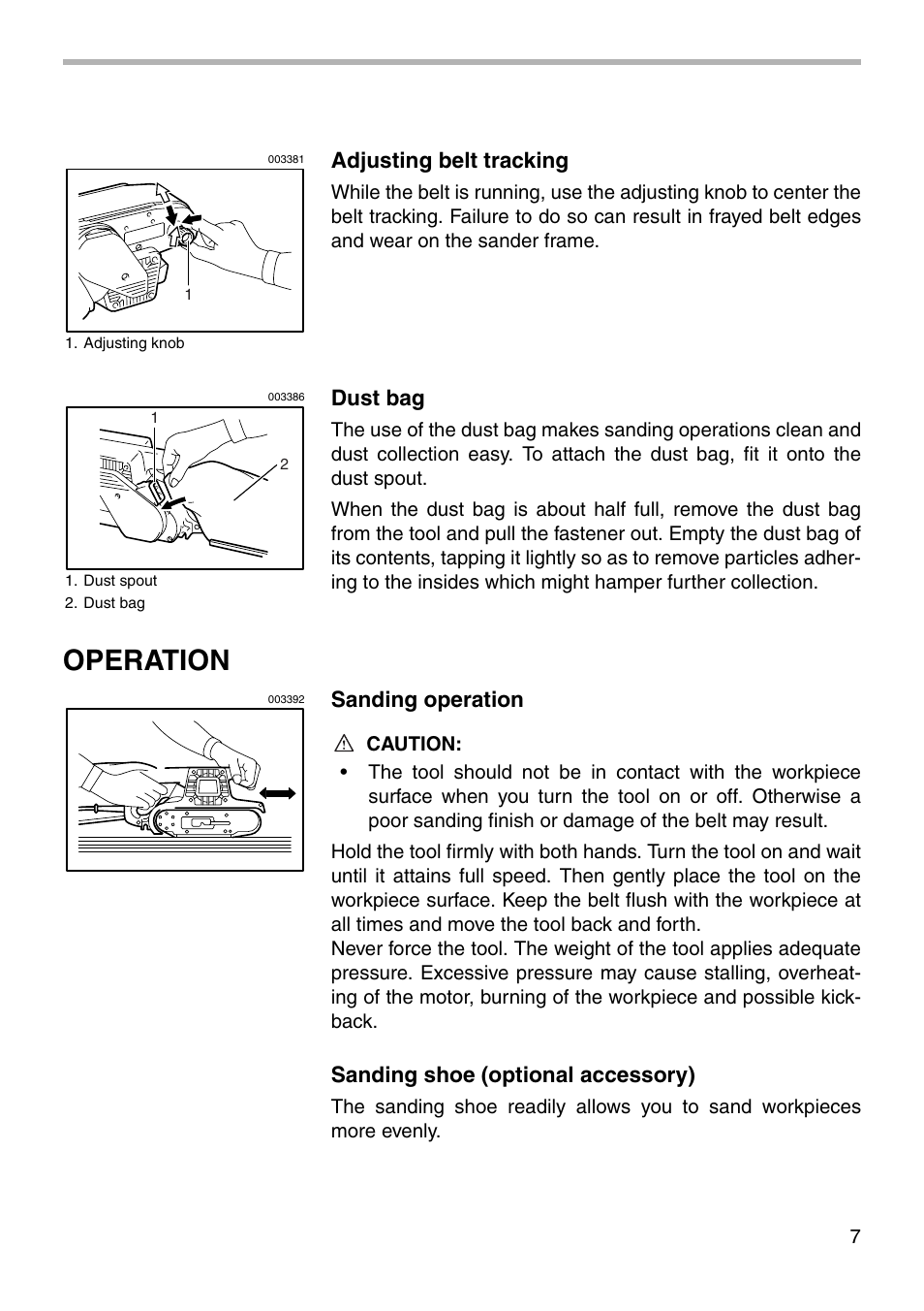 Operation, Adjusting belt tracking, Dust bag | Sanding operation, Sanding shoe (optional accessory) | Makita 9901 003360 User Manual | Page 7 / 12