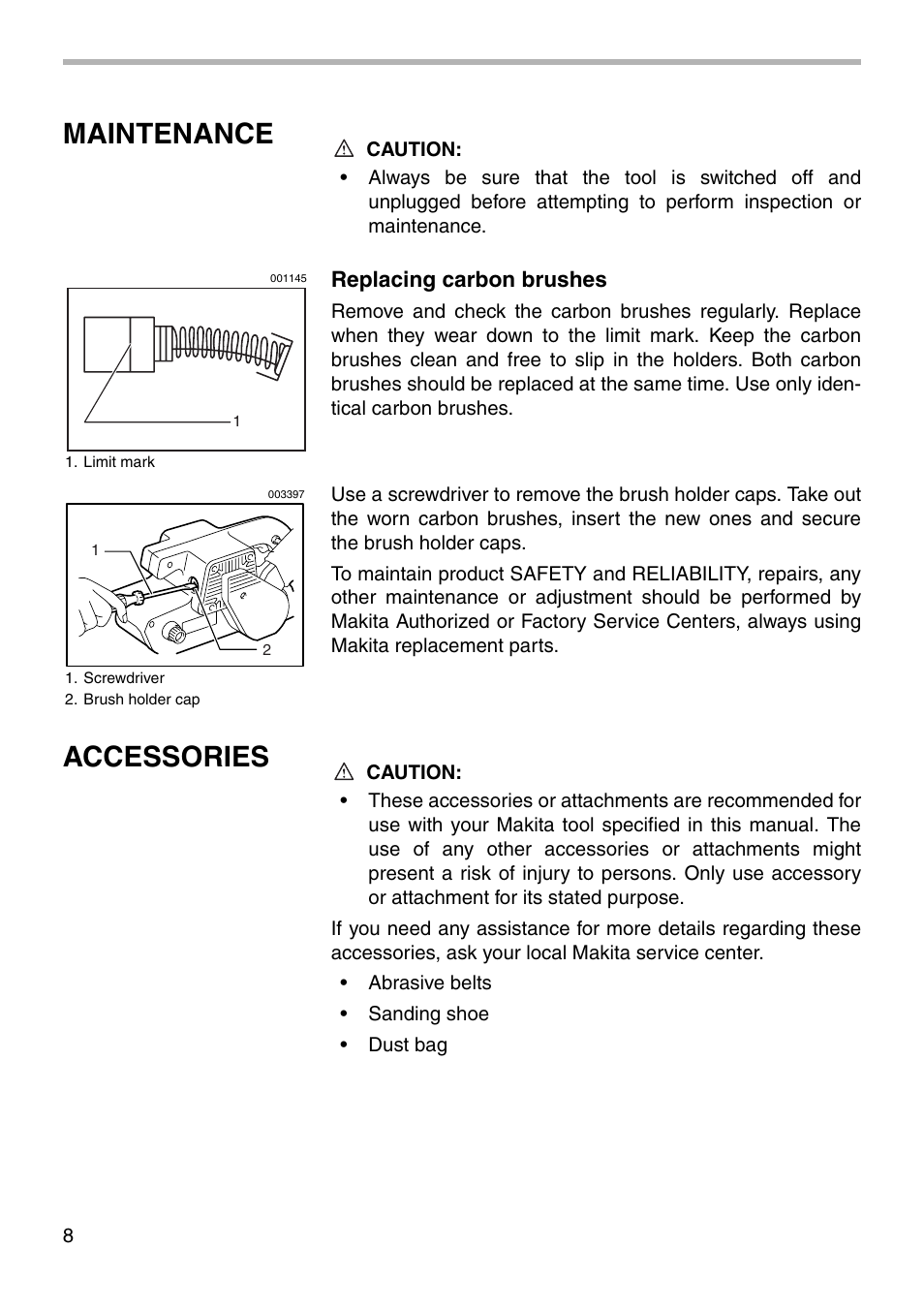 Maintenance, Accessories | Makita 9901 003360 User Manual | Page 8 / 12