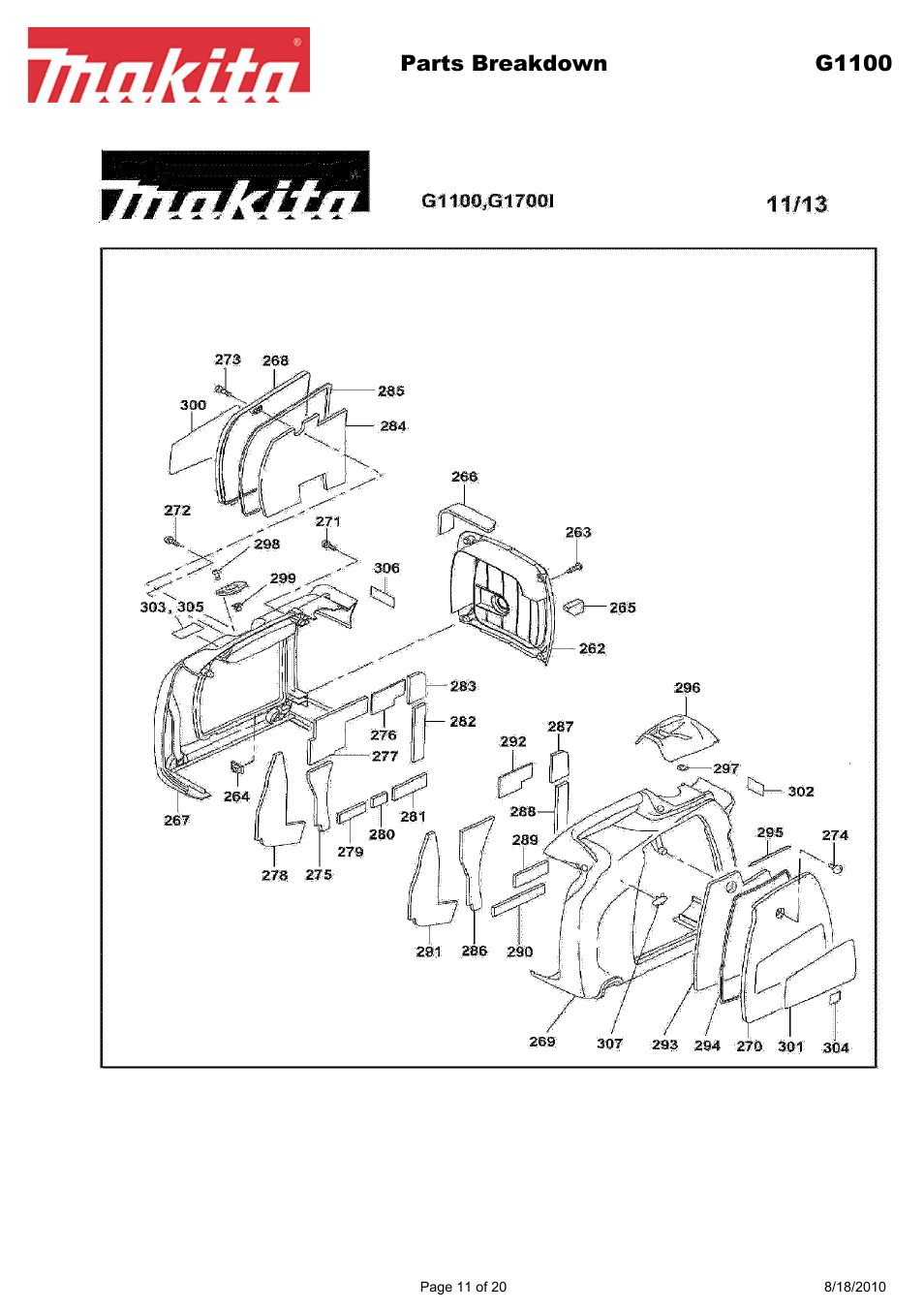 Parts breakdown g1100 | Makita EX Series G1100 User Manual | Page 11 / 20