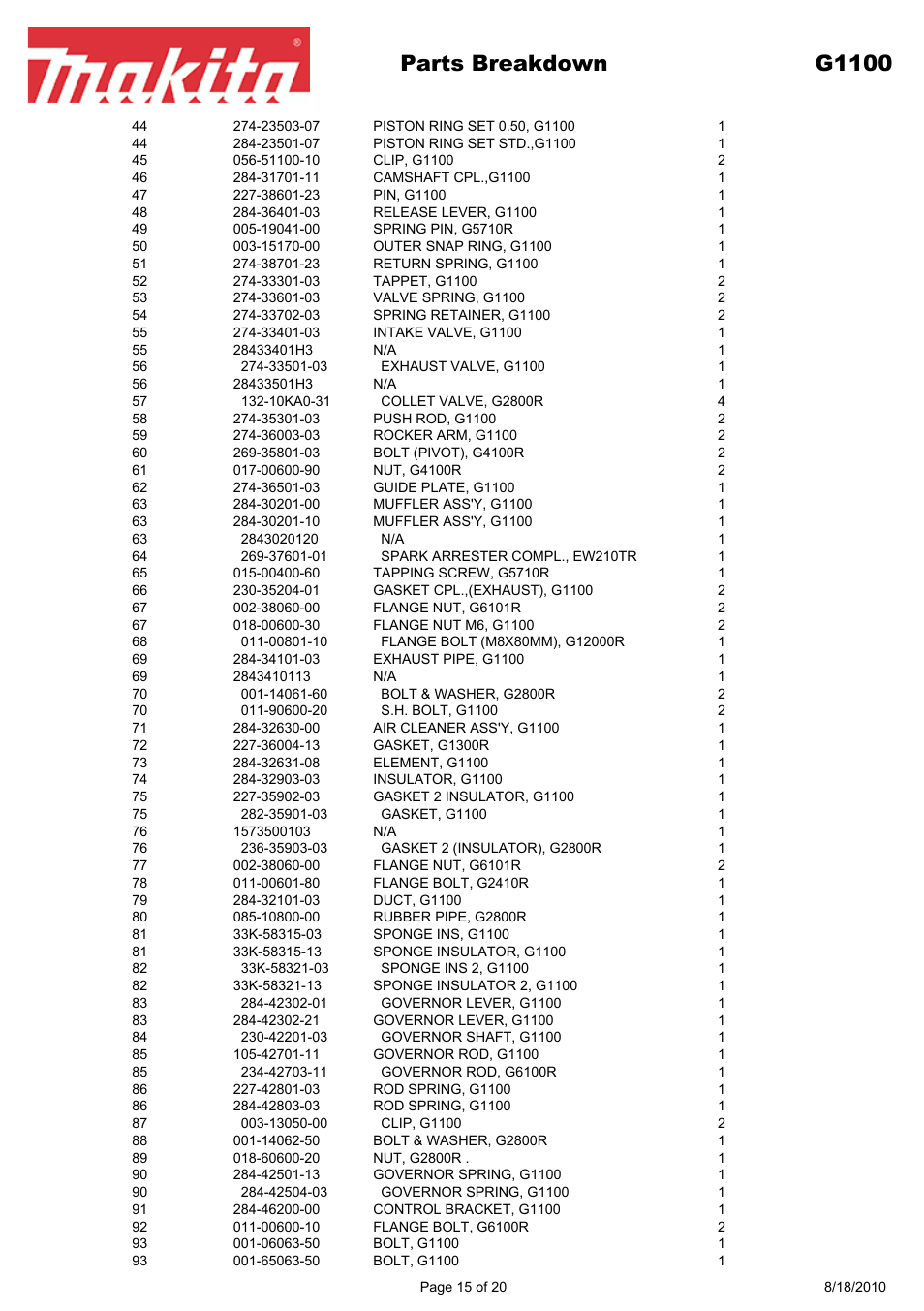 Parts breakdown g1100 | Makita EX Series G1100 User Manual | Page 15 / 20