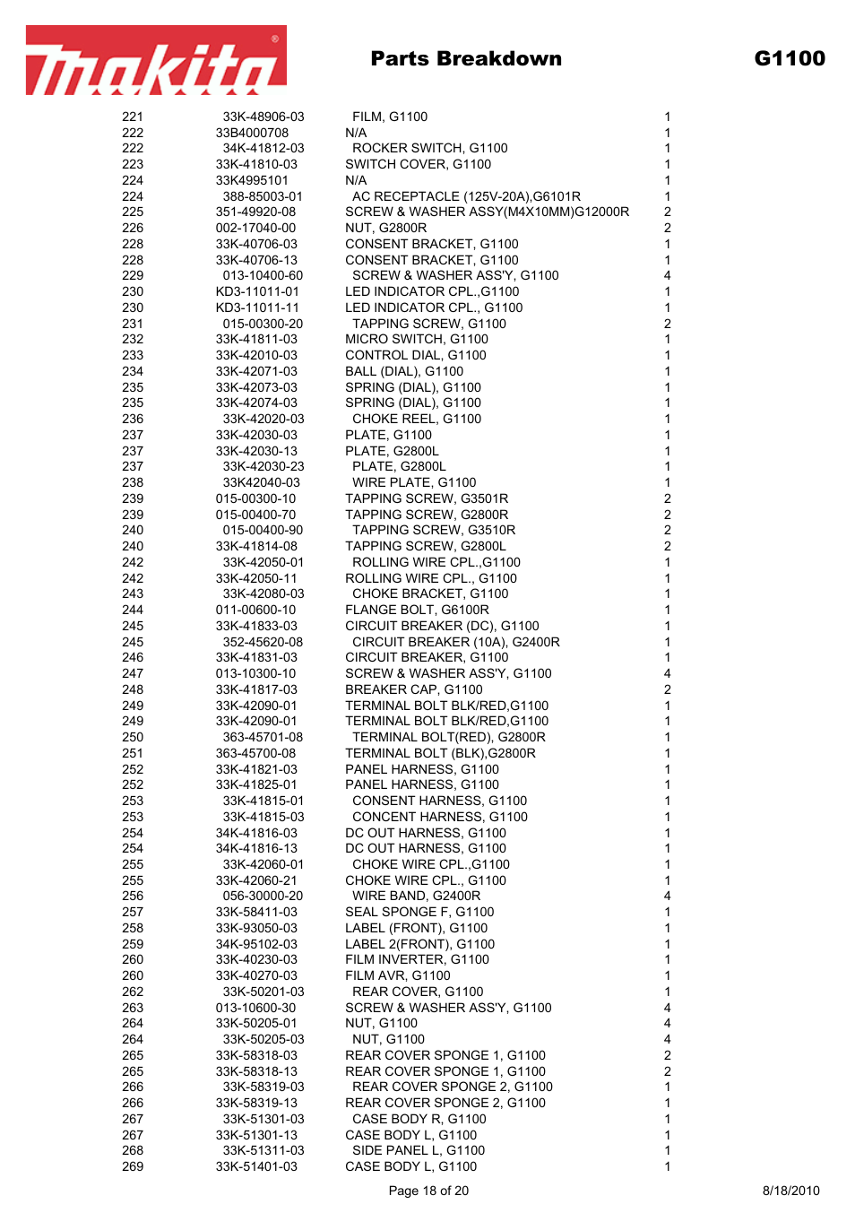 Parts breakdown g1100 | Makita EX Series G1100 User Manual | Page 18 / 20