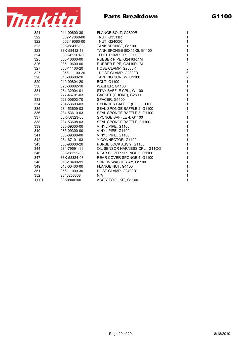 Parts breakdown g1100 | Makita EX Series G1100 User Manual | Page 20 / 20