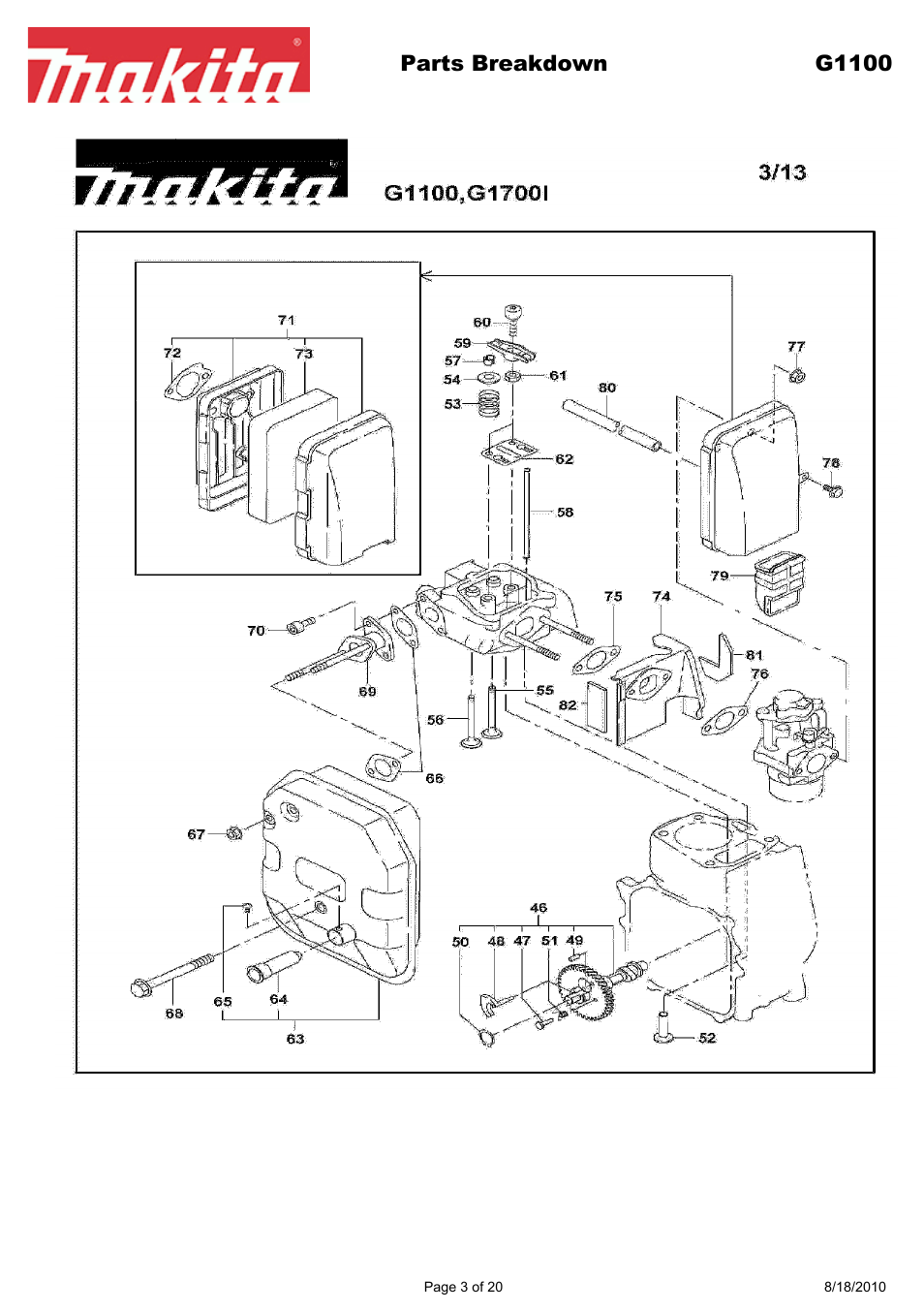 Parts breakdown g1100 | Makita EX Series G1100 User Manual | Page 3 / 20