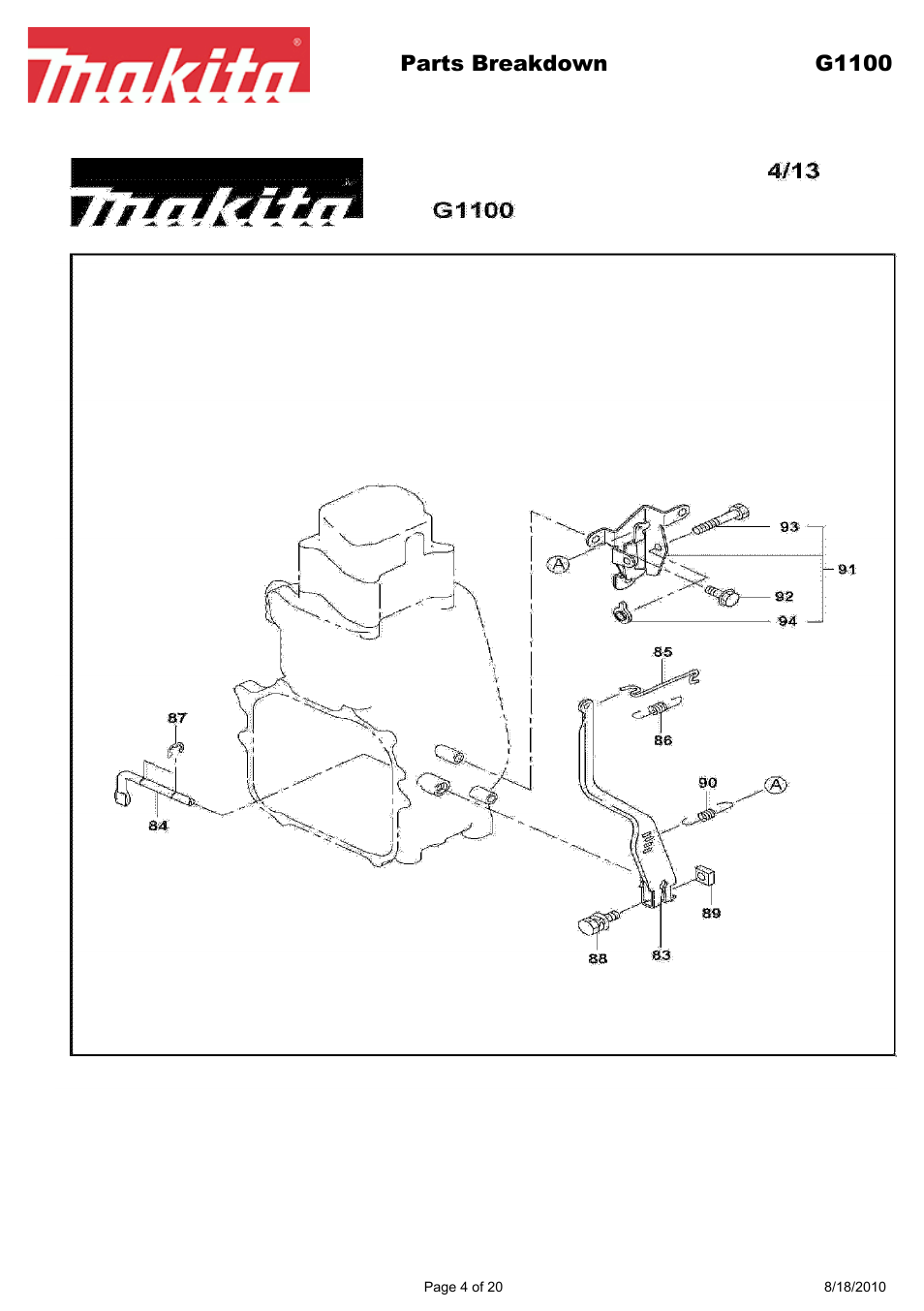 Parts breakdown g1100 | Makita EX Series G1100 User Manual | Page 4 / 20