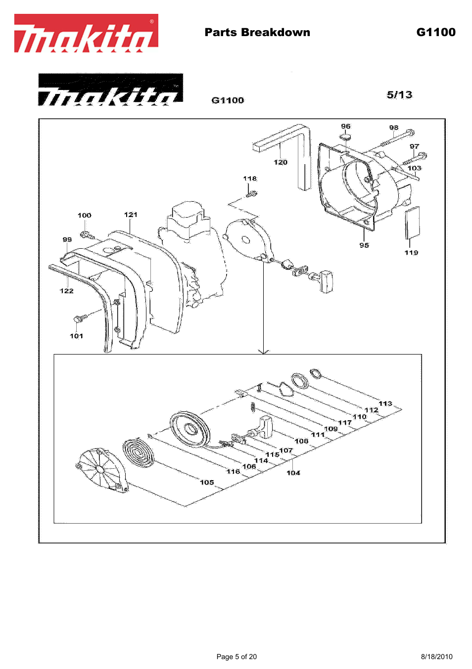 Parts breakdown g1100 | Makita EX Series G1100 User Manual | Page 5 / 20