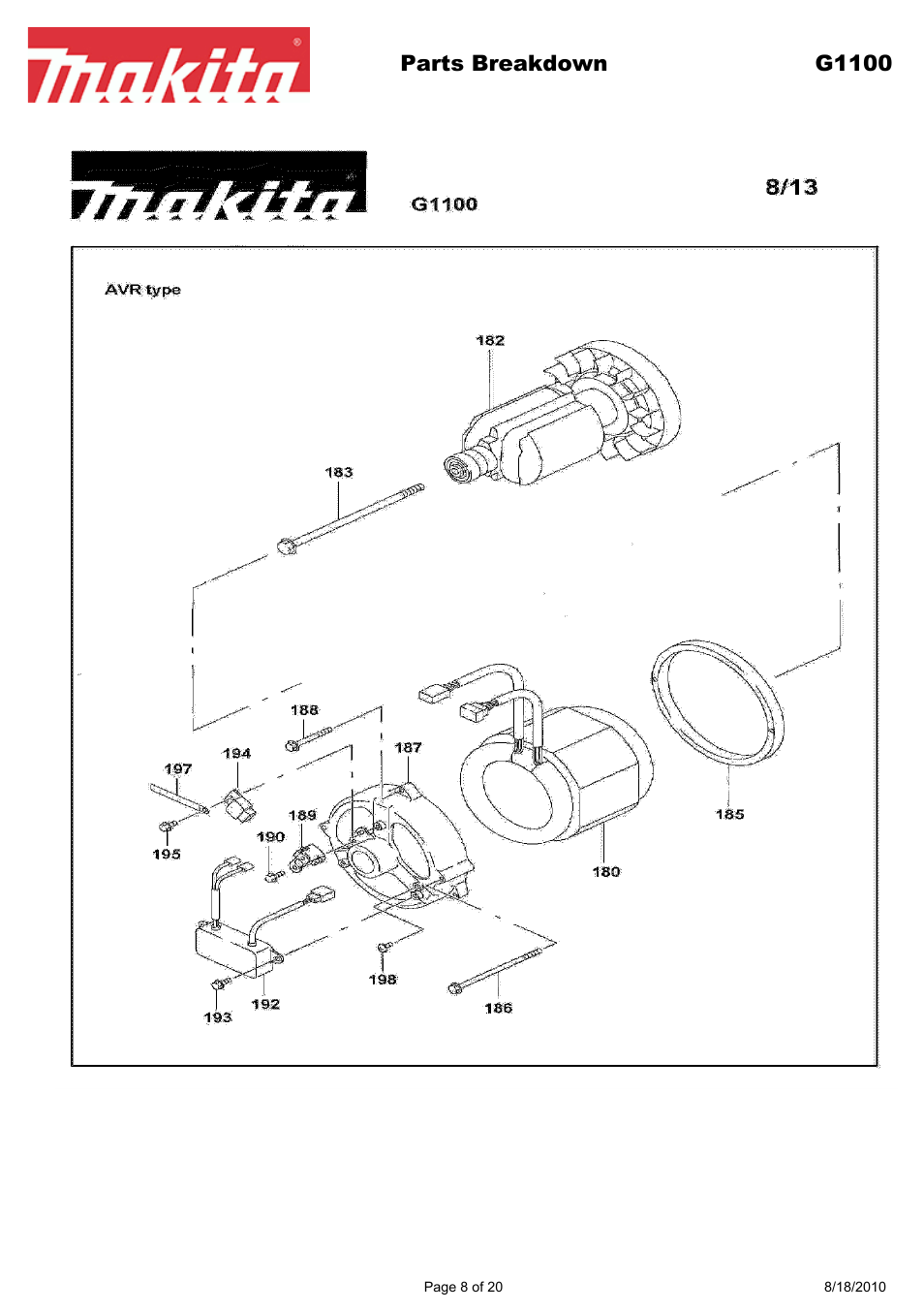 Parts breakdown g1100 | Makita EX Series G1100 User Manual | Page 8 / 20