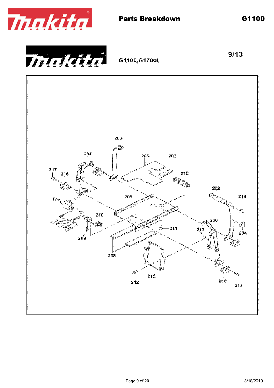 Parts breakdown g1100 | Makita EX Series G1100 User Manual | Page 9 / 20