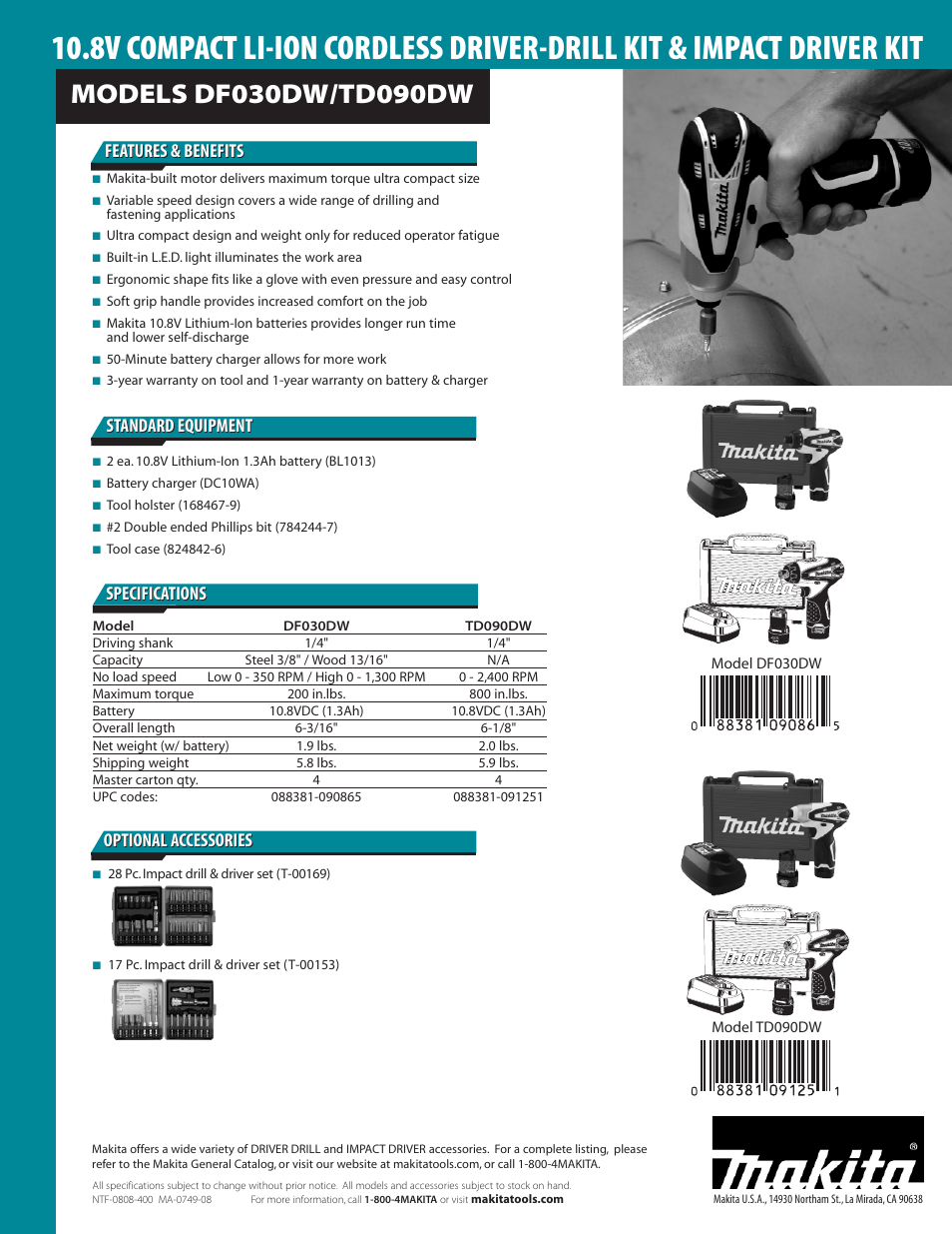 Features & benefits, Specifications | Makita DF030DW User Manual | Page 2 / 2