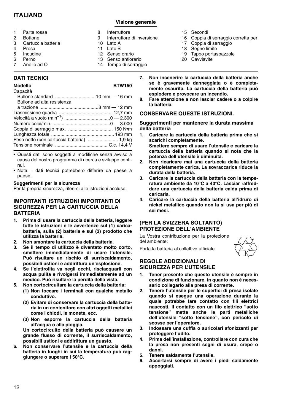 Italiano | Makita BTW150 User Manual | Page 12 / 40