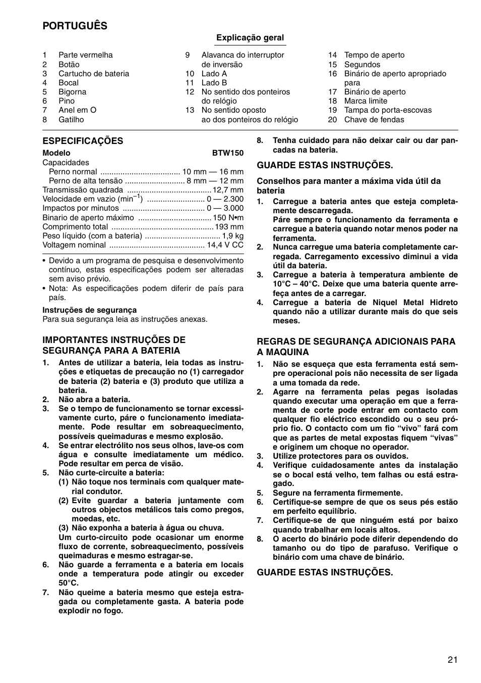 Português | Makita BTW150 User Manual | Page 21 / 40