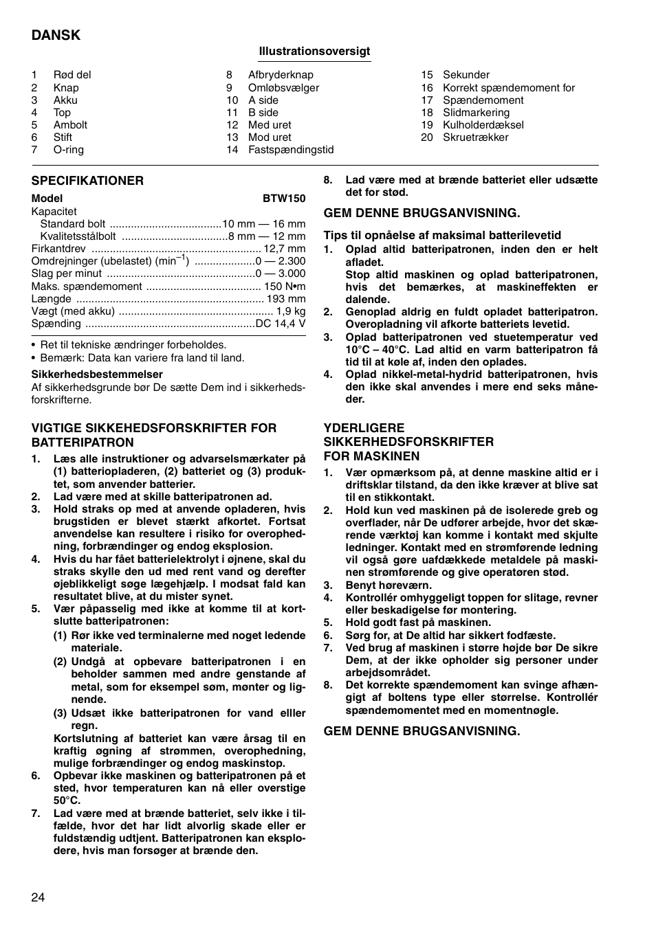 Dansk | Makita BTW150 User Manual | Page 24 / 40