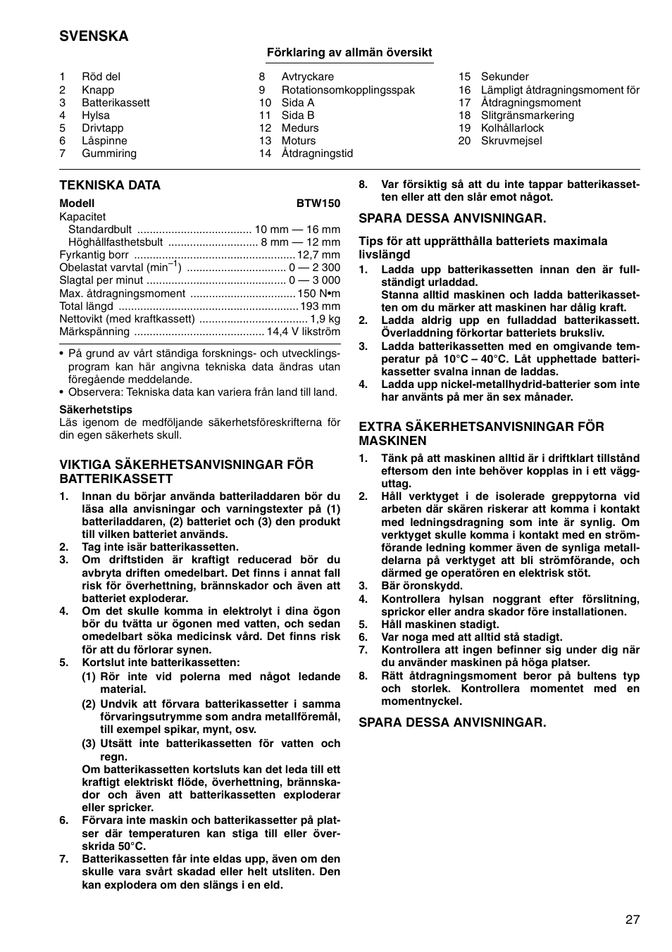 Svenska | Makita BTW150 User Manual | Page 27 / 40