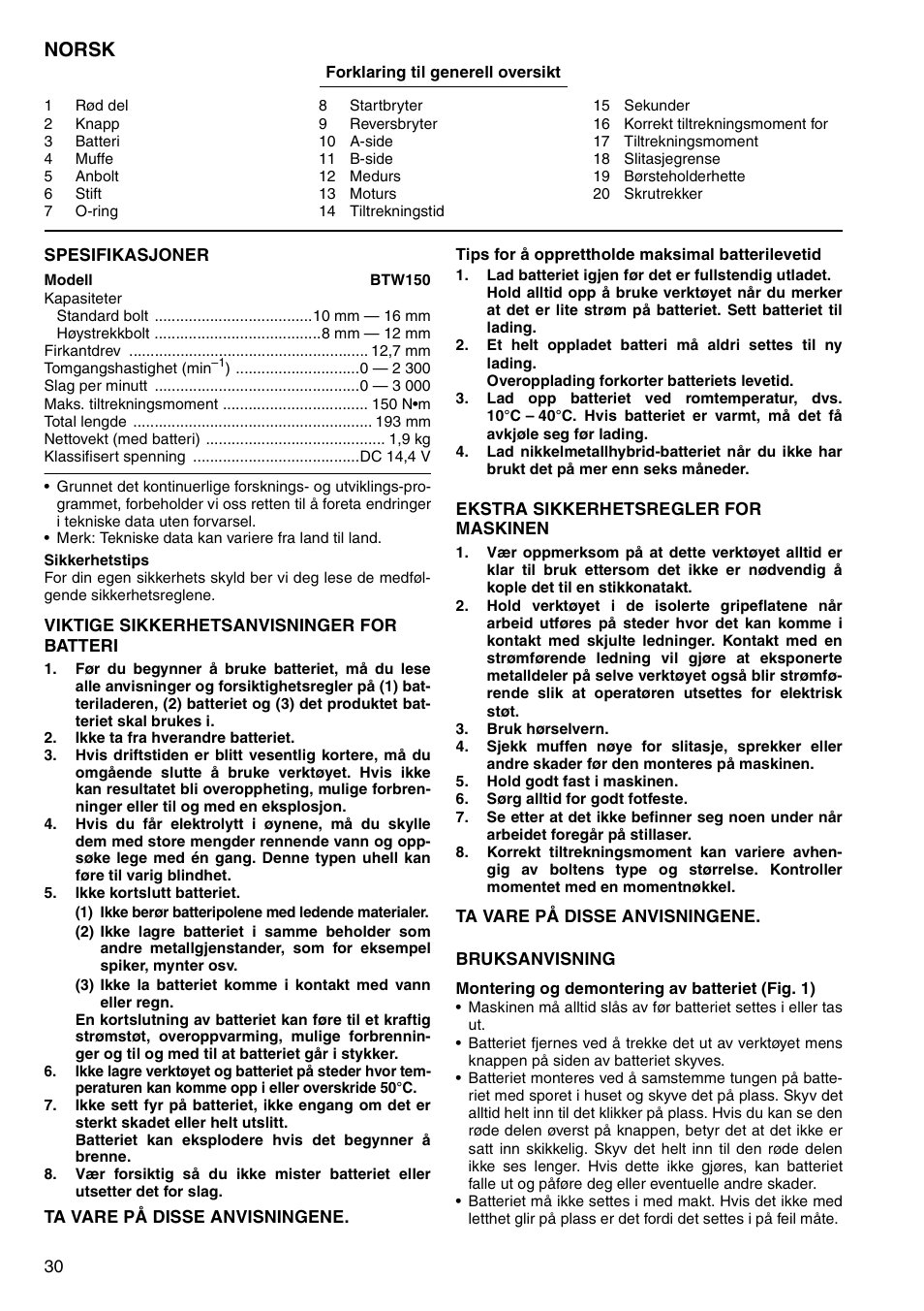 Norsk | Makita BTW150 User Manual | Page 30 / 40