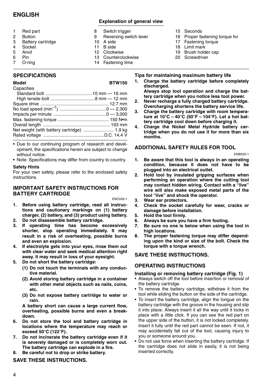 English | Makita BTW150 User Manual | Page 4 / 40