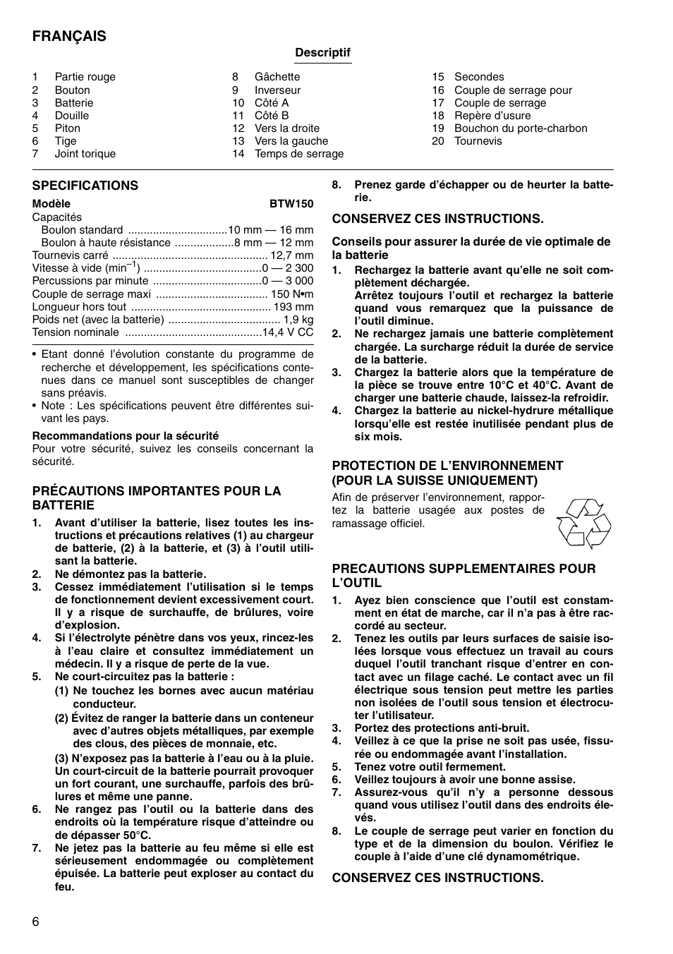 Français | Makita BTW150 User Manual | Page 6 / 40