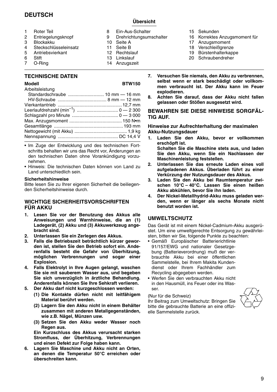 Deutsch | Makita BTW150 User Manual | Page 9 / 40