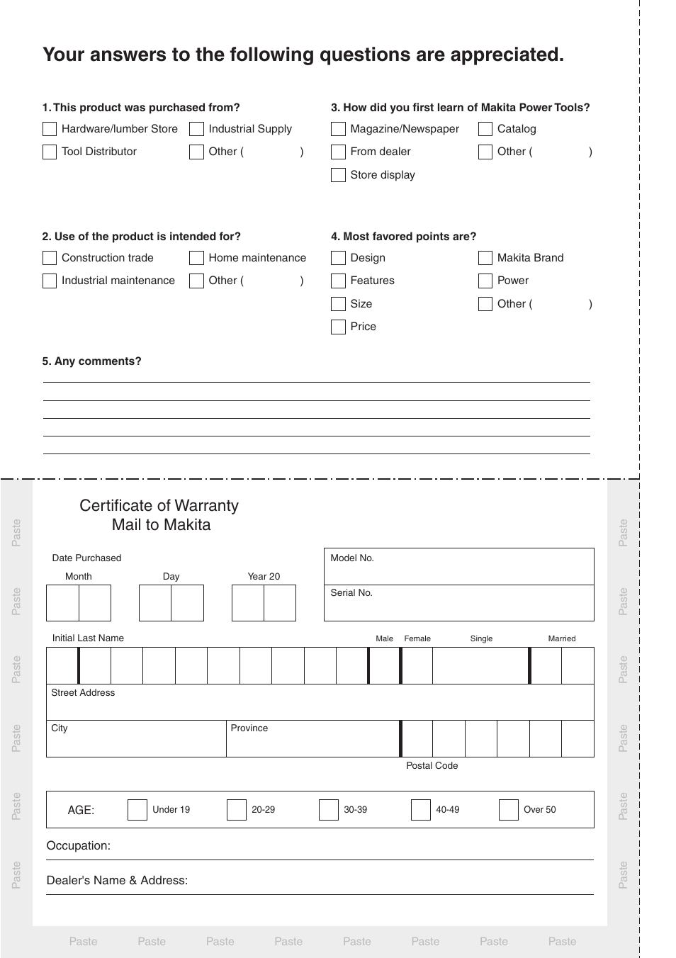 Certificate of warranty mail to makita | Makita MODEL HP1501 User Manual | Page 14 / 16