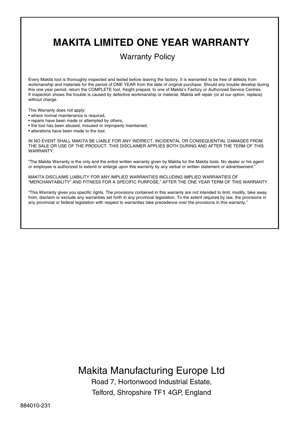 Makita limited one year warranty, Makita manufacturing europe ltd, Warranty policy | Makita MODEL HP1501 User Manual | Page 16 / 16
