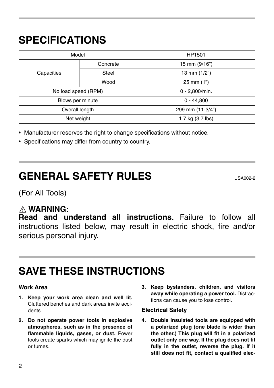 Specifications, General safety rules, Save these instructions | Makita MODEL HP1501 User Manual | Page 2 / 16