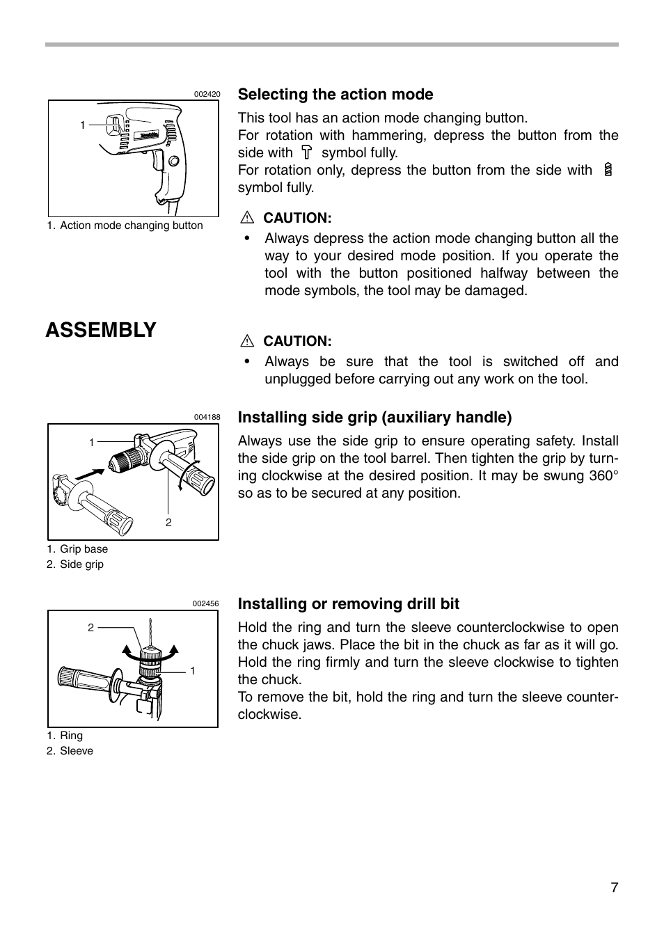 Assembly, Selecting the action mode, Installing side grip (auxiliary handle) | Installing or removing drill bit | Makita MODEL HP1501 User Manual | Page 7 / 16