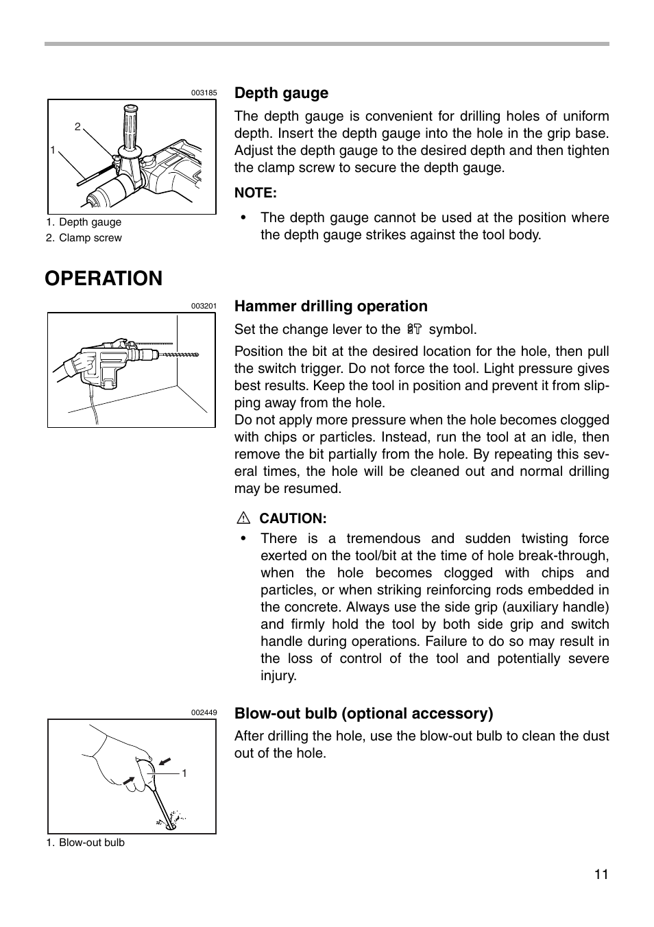 Operation, Depth gauge, Hammer drilling operation | Blow-out bulb (optional accessory) | Makita HR4040C User Manual | Page 11 / 20