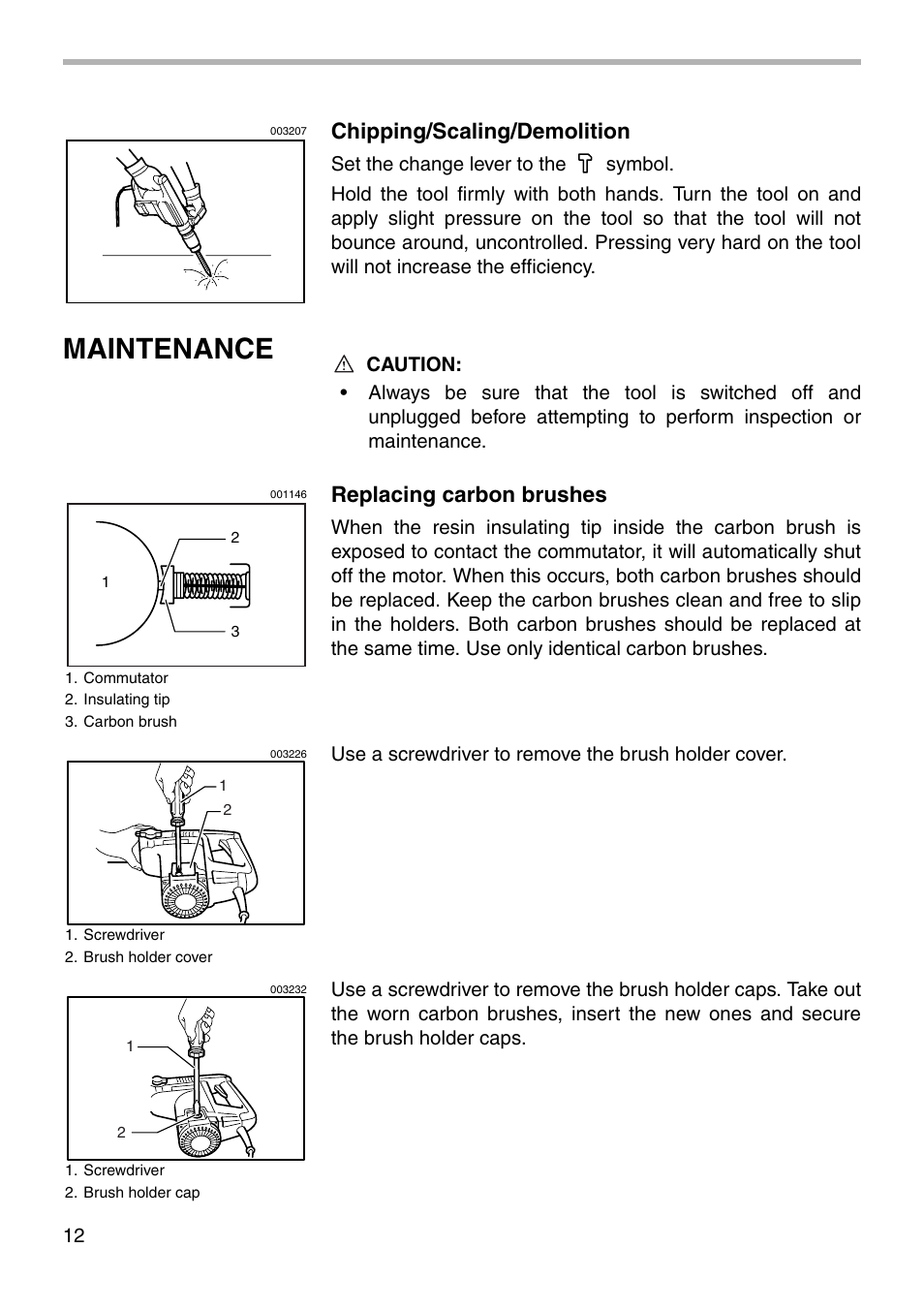 Maintenance, Chipping/scaling/demolition, Replacing carbon brushes | Makita HR4040C User Manual | Page 12 / 20