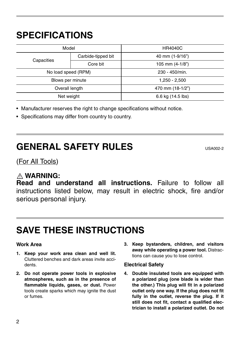 Specifications, General safety rules, Save these instructions | Makita HR4040C User Manual | Page 2 / 20