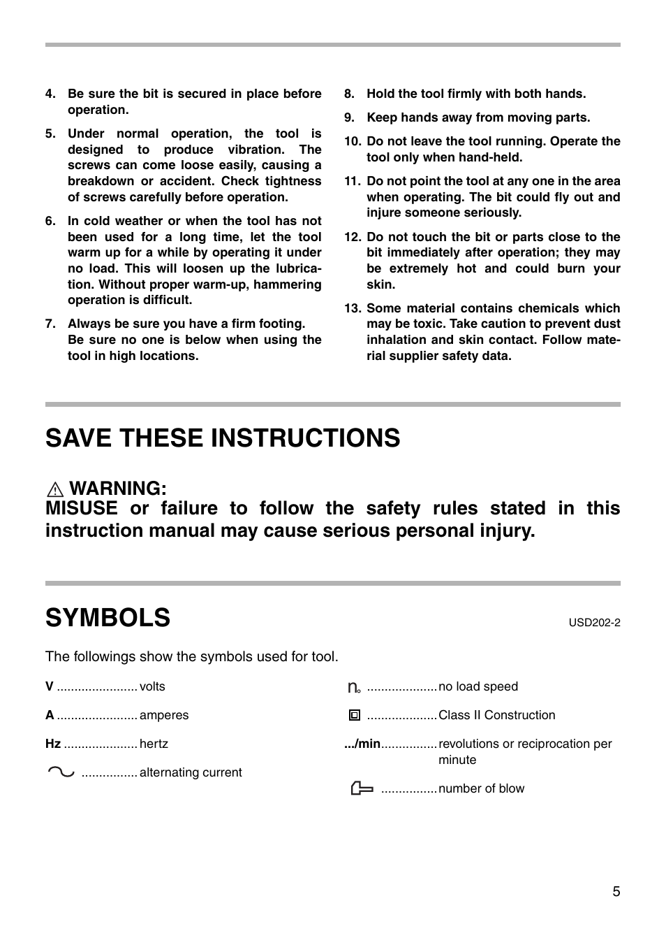 Save these instructions, Symbols | Makita HR4040C User Manual | Page 5 / 20