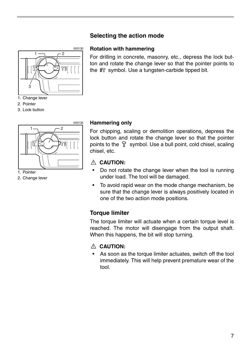 Selecting the action mode, Torque limiter | Makita HR4040C User Manual | Page 7 / 20