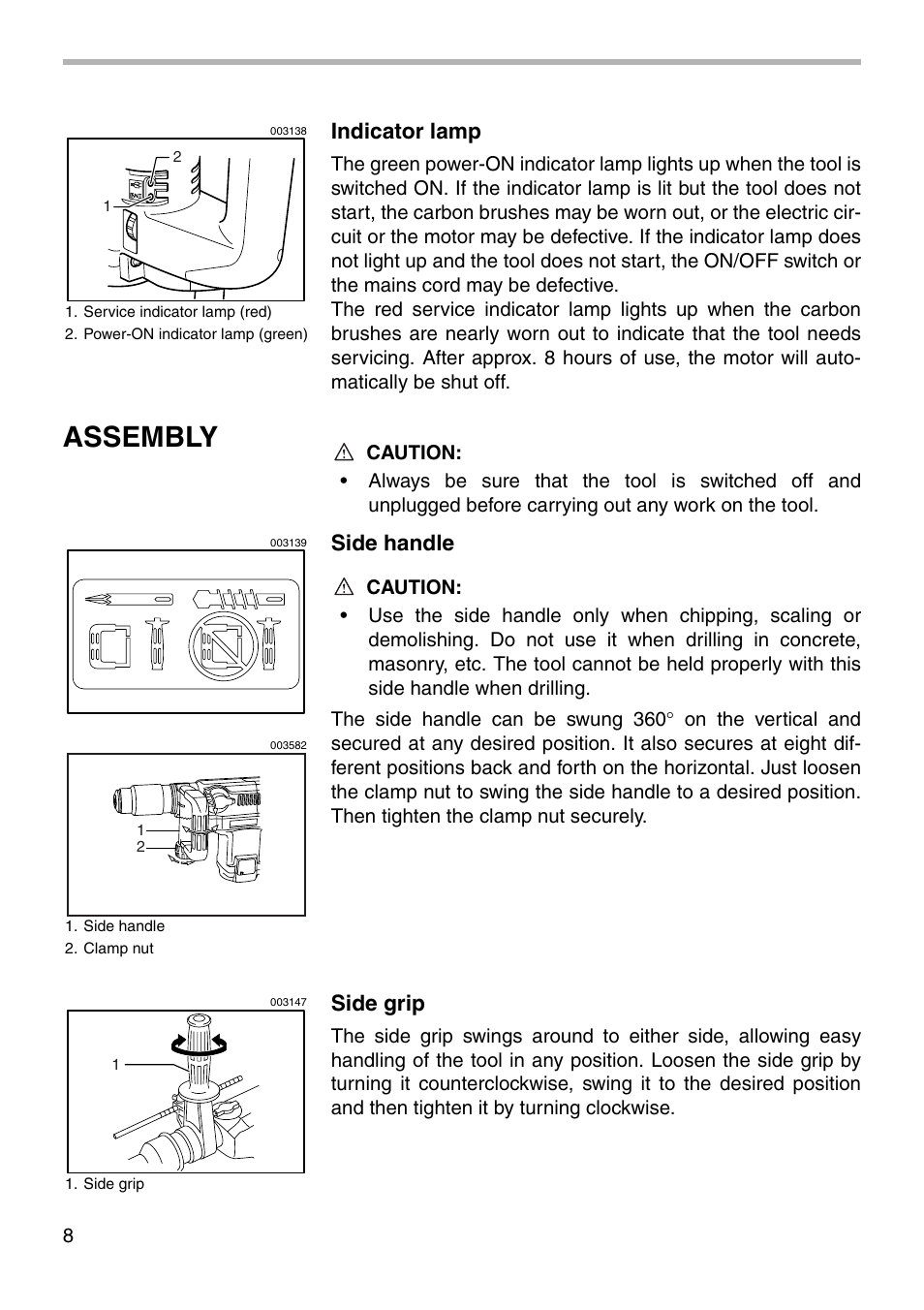 Assembly, Indicator lamp, Side handle | Side grip | Makita HR4040C User Manual | Page 8 / 20