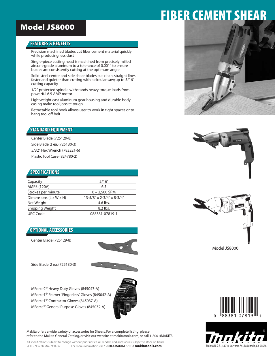 Fiber cement shear, Model js8000, Features & benefits | Makita JS8000 User Manual | Page 2 / 2