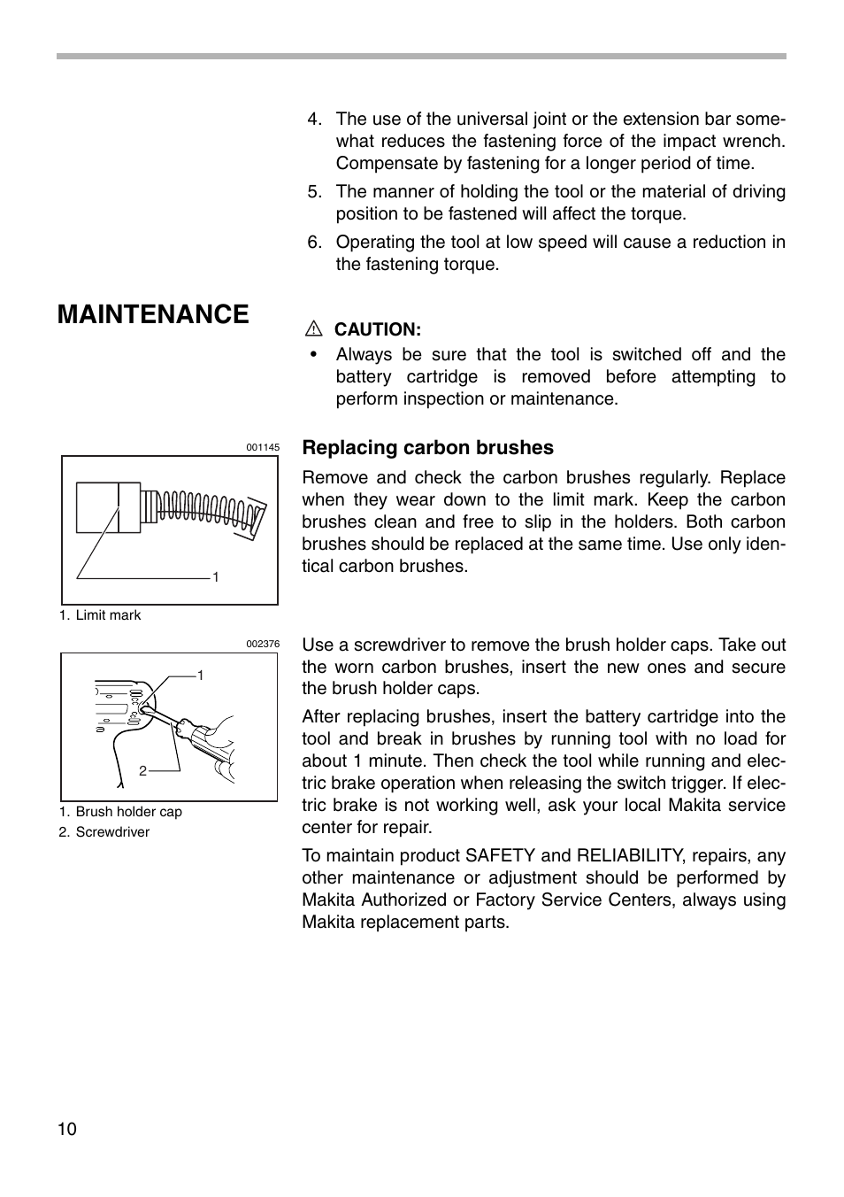 Maintenance, Replacing carbon brushes | Makita 6918D User Manual | Page 10 / 16