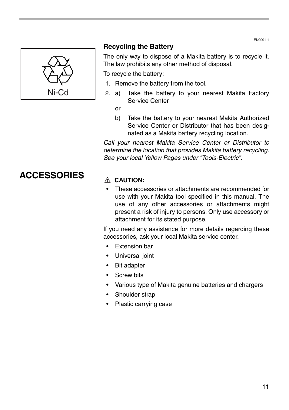 Accessories, Ni-cd | Makita 6918D User Manual | Page 11 / 16