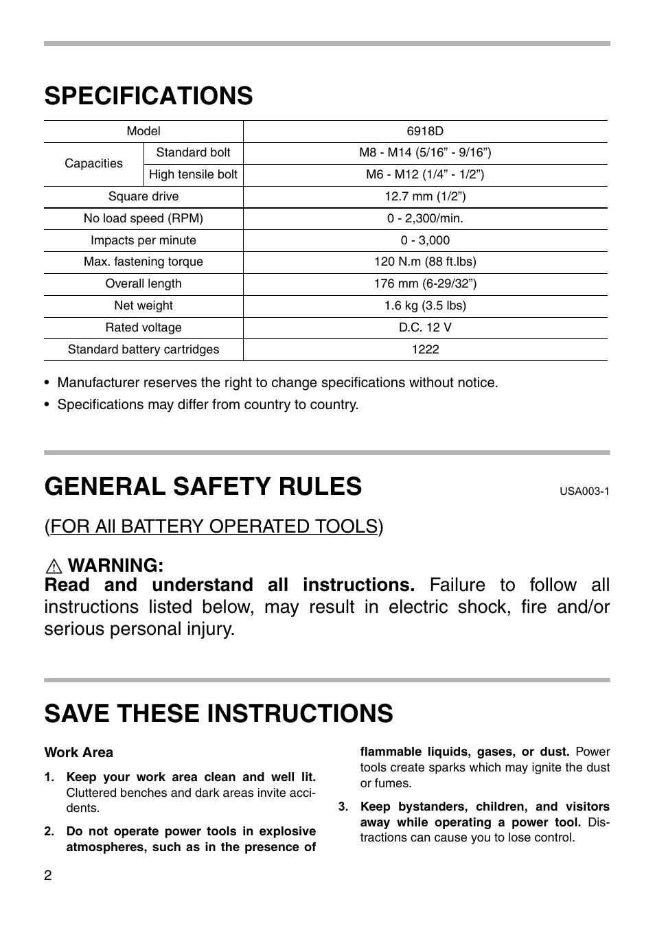 Specifications, General safety rules, Save these instructions | Makita 6918D User Manual | Page 2 / 16