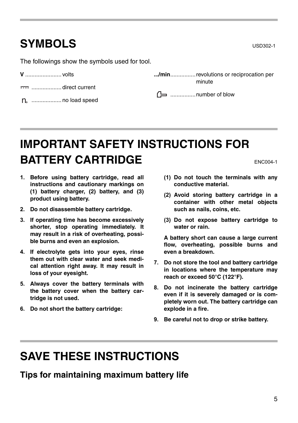 Symbols, Save these instructions, Tips for maintaining maximum battery life n | Makita 6918D User Manual | Page 5 / 16