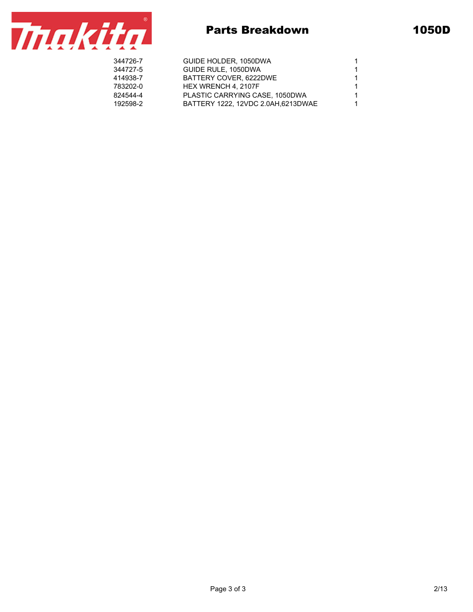 Parts breakdown 1050d | Makita 1050D User Manual | Page 3 / 3