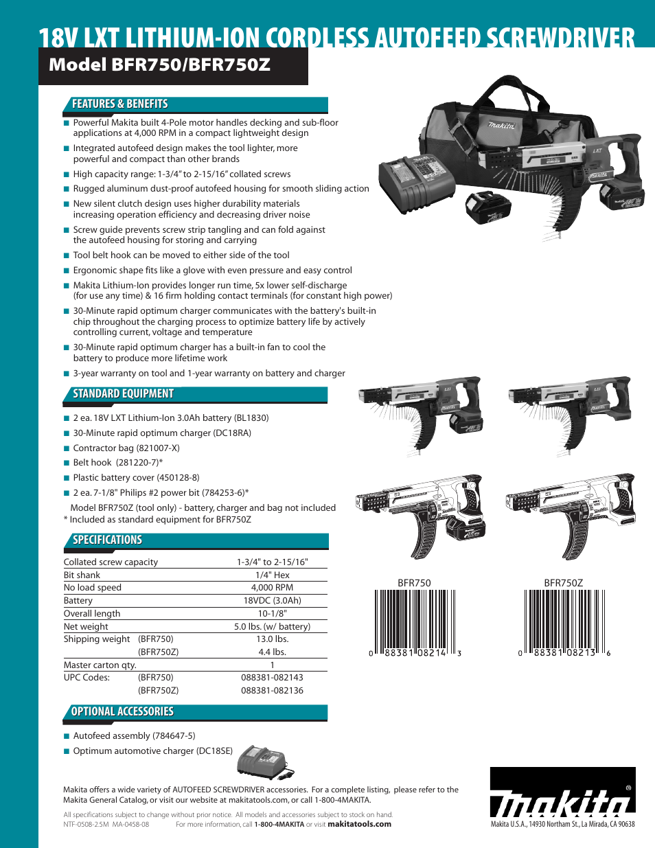 18v lxt lithium-ion cordless autofeed screwdriver, Features & benefits, Specifications | Makita BFR750Z User Manual | Page 2 / 2