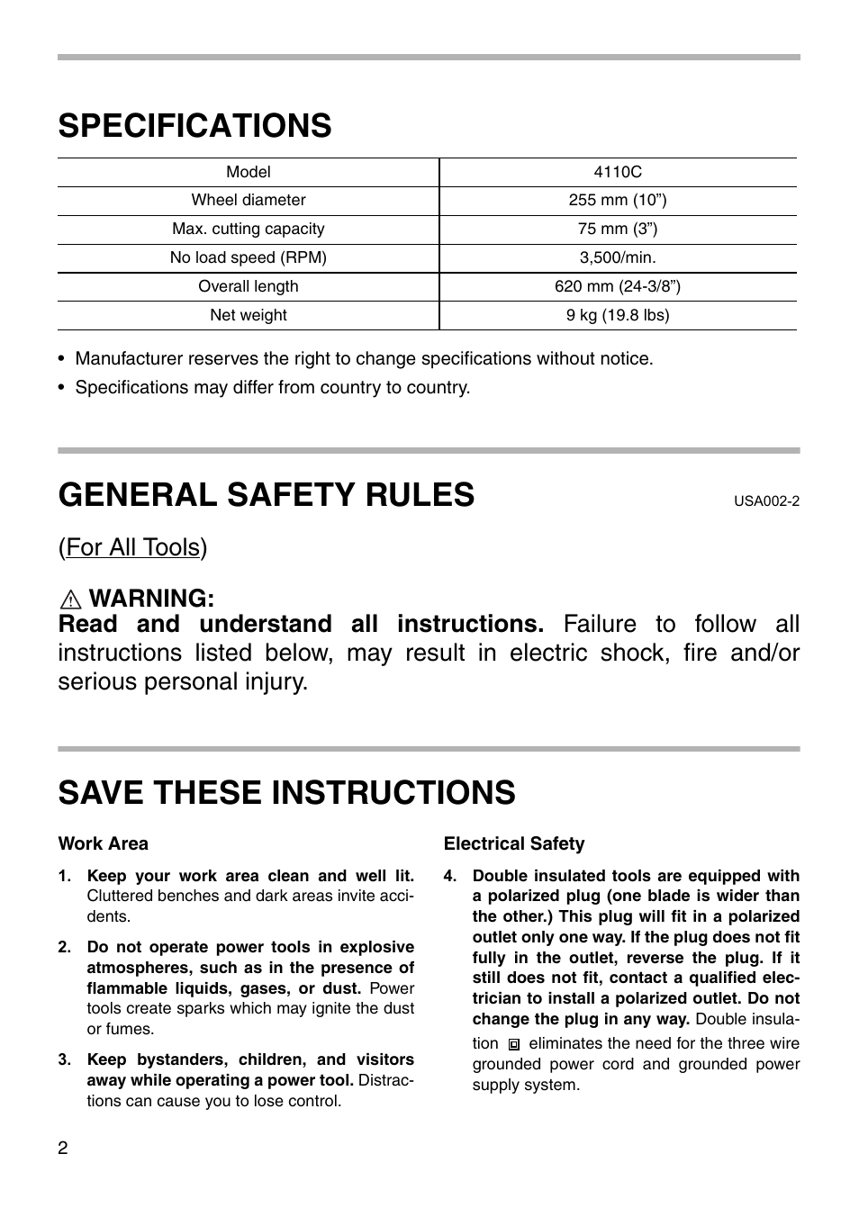 Specifications, General safety rules, Save these instructions | Makita ANGLE CUTTER 4110C User Manual | Page 2 / 16