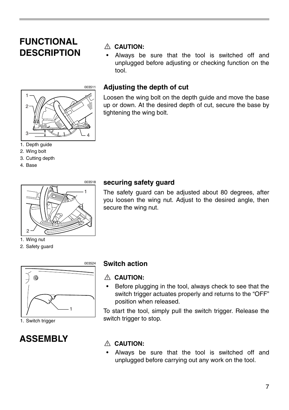 Functional description, Assembly, Adjusting the depth of cut | Securing safety guard, Switch action | Makita ANGLE CUTTER 4110C User Manual | Page 7 / 16