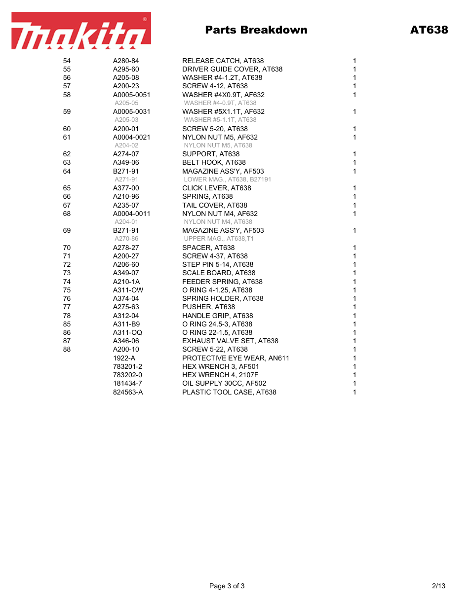 Parts breakdown at638 | Makita AT638 User Manual | Page 3 / 3