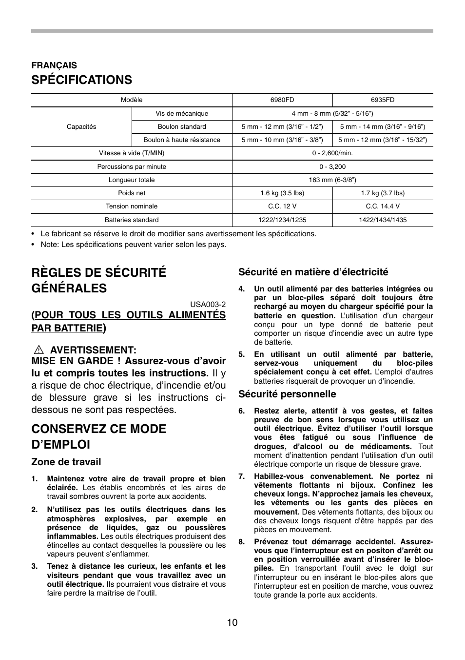 Spécifications, Règles de sécurité générales, Conservez ce mode d’emploi | Pour tous les outils alimentés par batterie, Zone de travail, Sécurité en matière d’électricité, Sécurité personnelle | Makita 6980FD User Manual | Page 10 / 28
