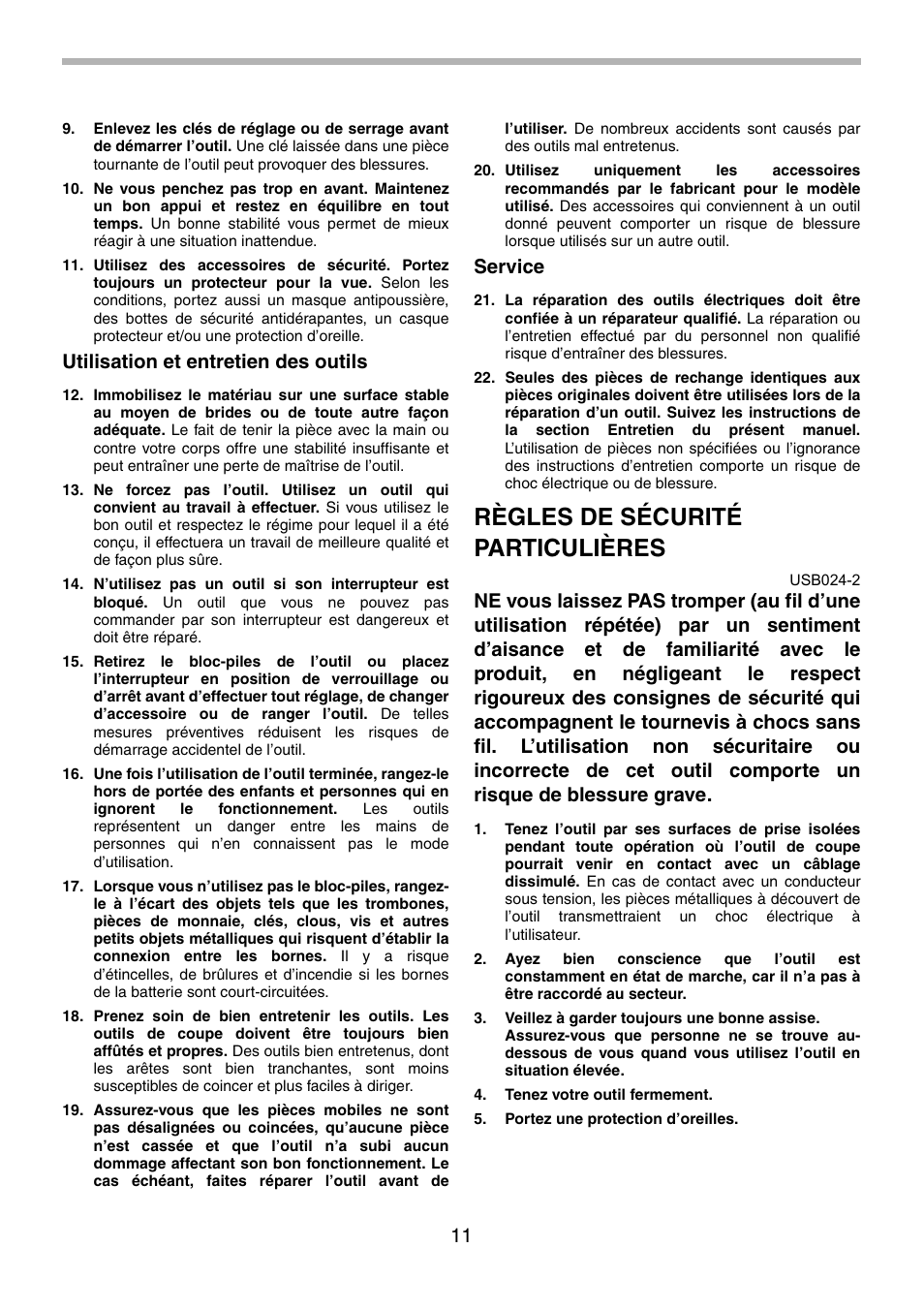 Règles de sécurité particulières, Utilisation et entretien des outils, Service | Makita 6980FD User Manual | Page 11 / 28