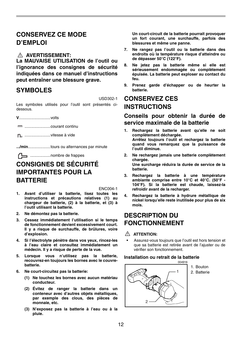 Conservez ce mode d’emploi, Symboles, Consignes de sécurité importantes pour la batterie | Conservez ces instructions, Description du fonctionnement | Makita 6980FD User Manual | Page 12 / 28