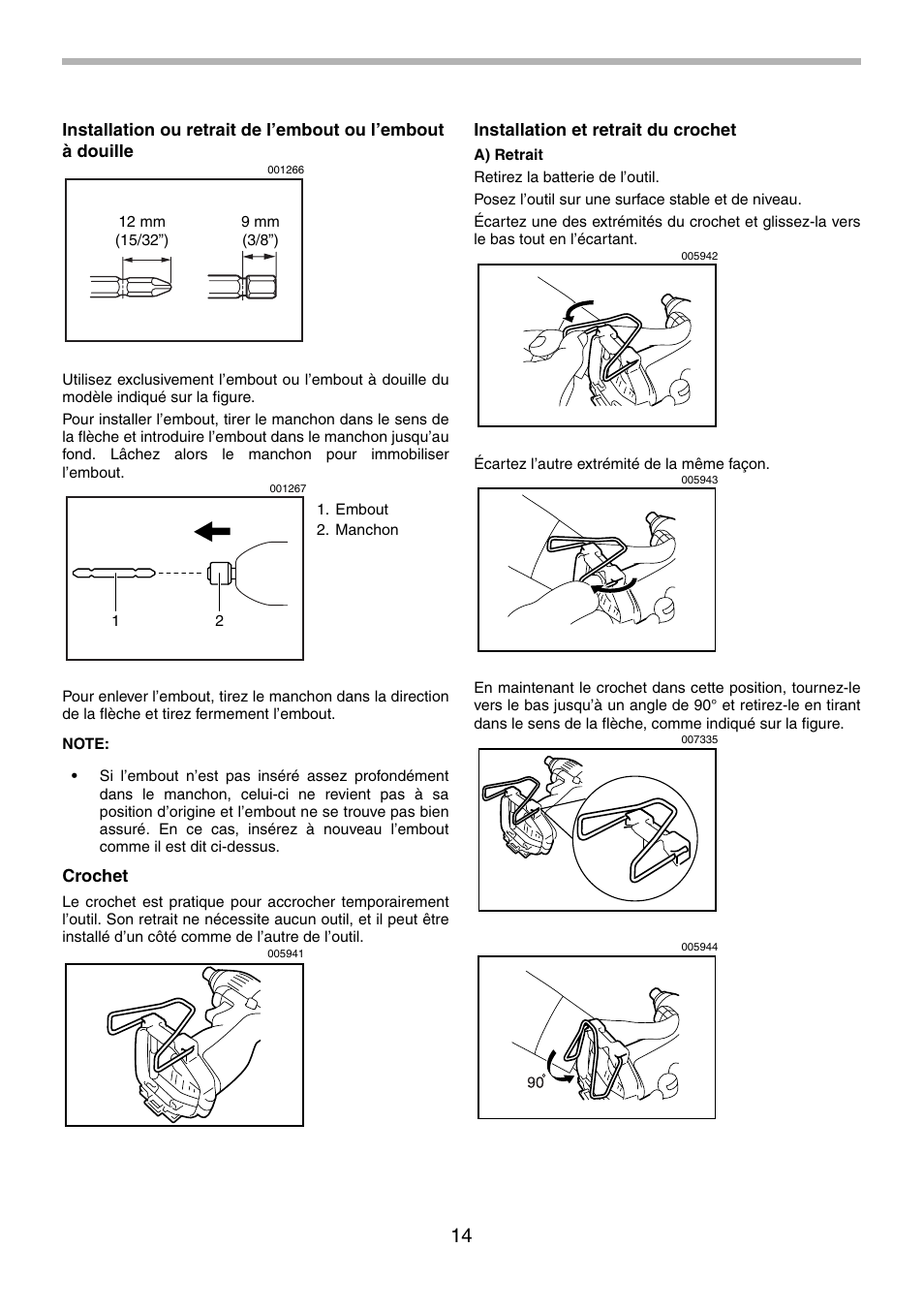 Crochet, Installation et retrait du crochet | Makita 6980FD User Manual | Page 14 / 28