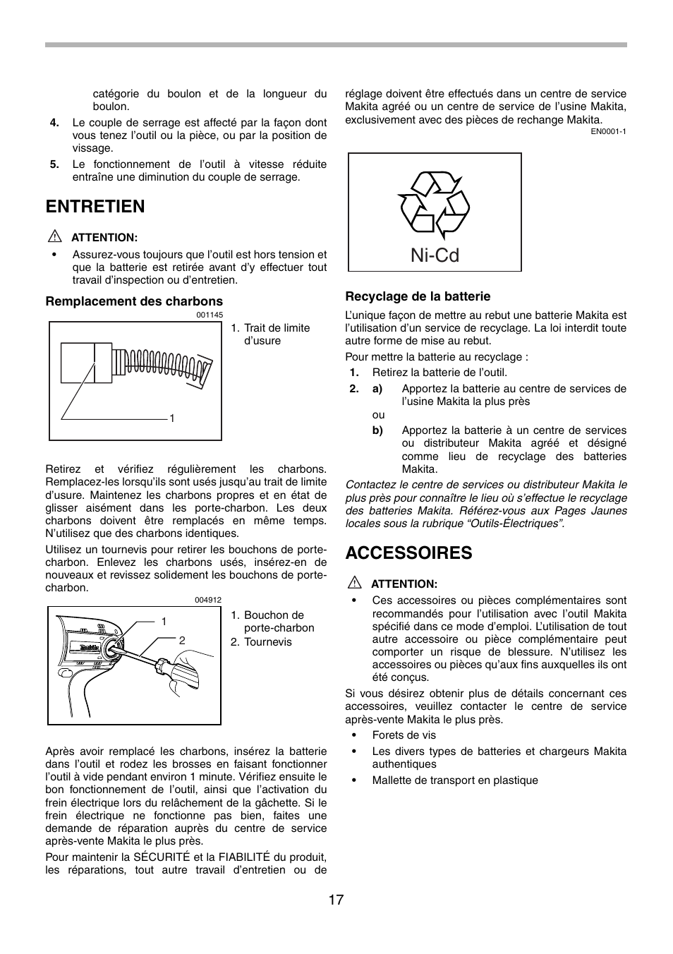 Ni-cd, Entretien, Accessoires | Makita 6980FD User Manual | Page 17 / 28