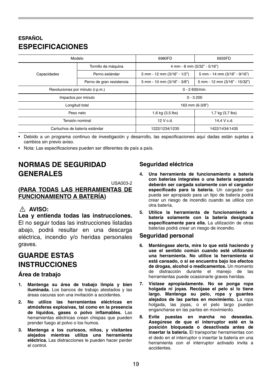 Especificaciones, Normas de seguridad generales, Guarde estas instrucciones | Área de trabajo, Seguridad eléctrica, Seguridad personal | Makita 6980FD User Manual | Page 19 / 28