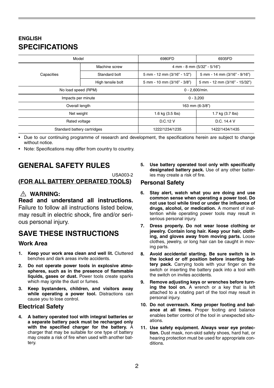 Specifications, General safety rules, Save these instructions | Work area, Electrical safety, Personal safety | Makita 6980FD User Manual | Page 2 / 28