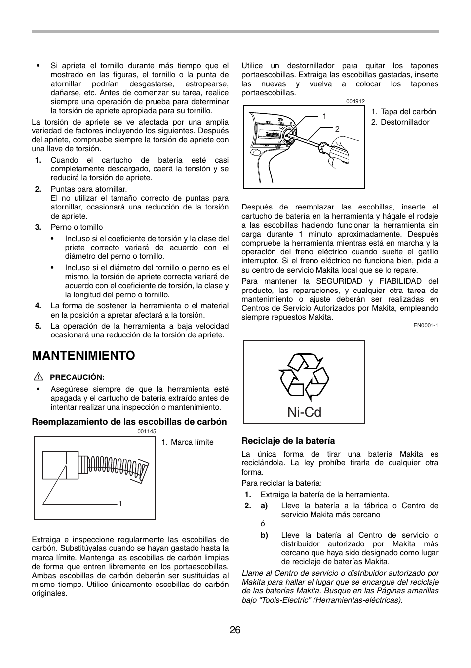 Ni-cd, Mantenimiento | Makita 6980FD User Manual | Page 26 / 28