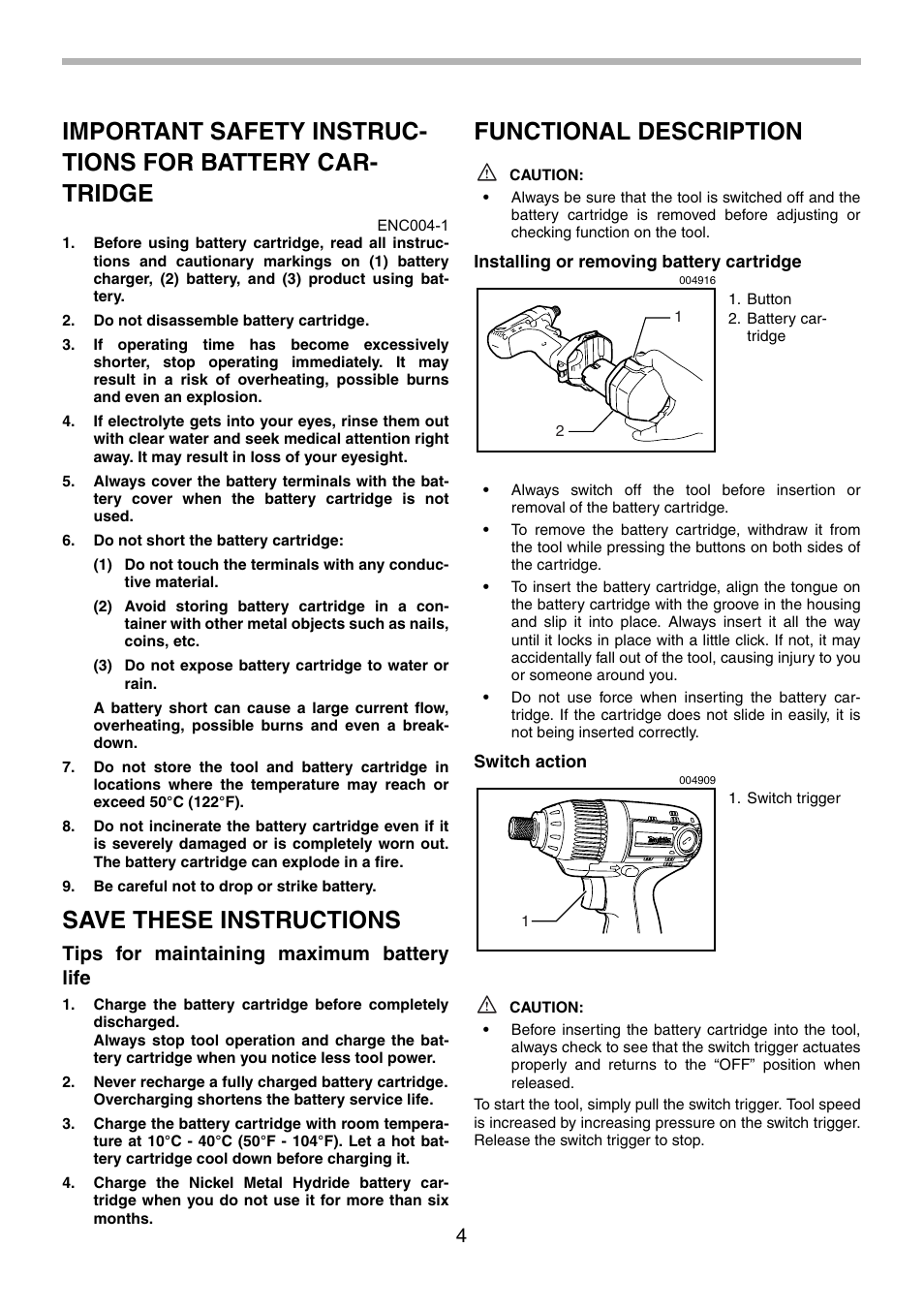 Save these instructions, Functional description, Tips for maintaining maximum battery life | Makita 6980FD User Manual | Page 4 / 28
