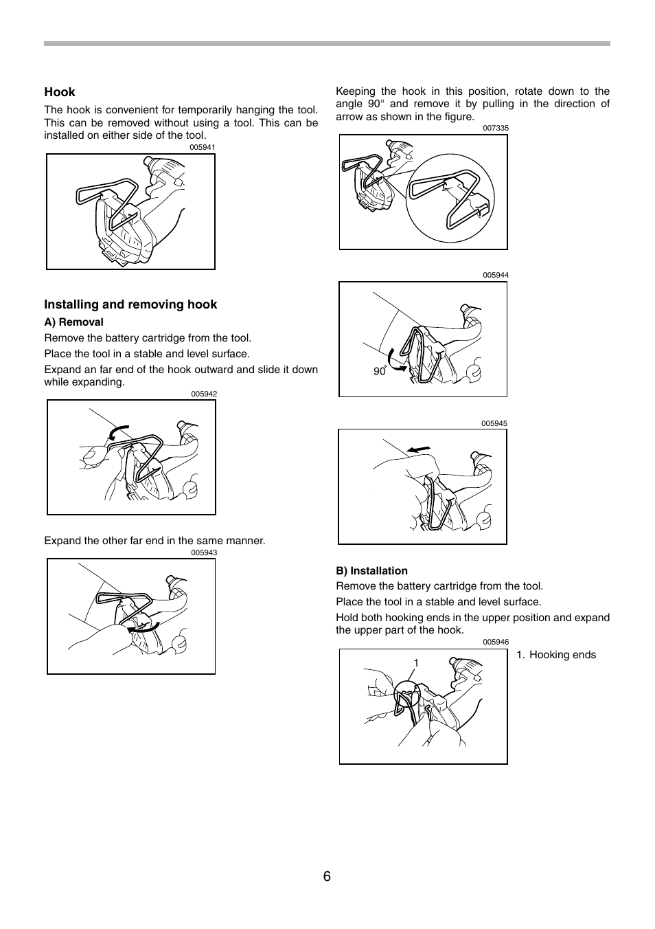 Hook, Installing and removing hook | Makita 6980FD User Manual | Page 6 / 28